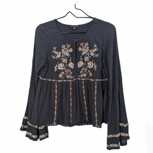 American Eagle Outfitters Floral Embroidered Blue Top Blouse Boho Bell Sleeve S